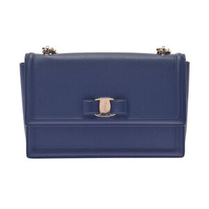 Ferragamo Vara Chain Navy Blue Calfskin Shoulder Bag